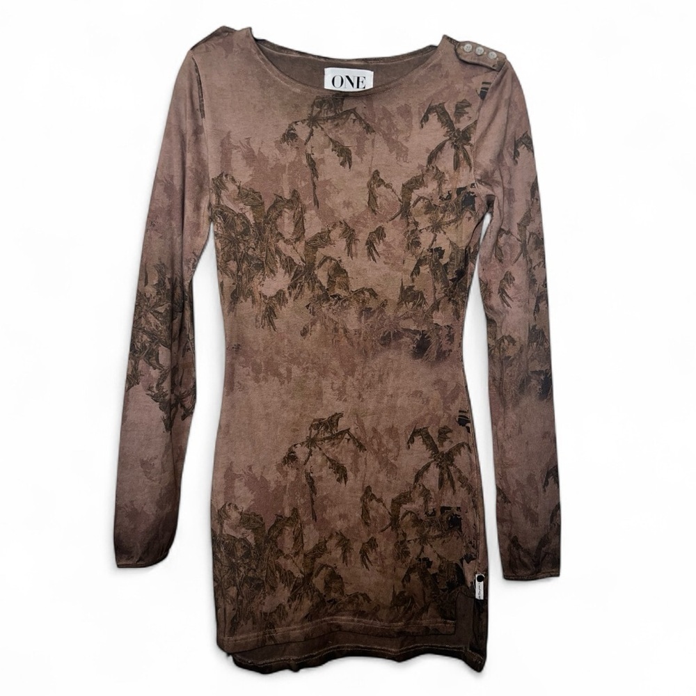 One Teaspoon Brown Long Sleeve Mini Dress Boho Grunge Faded Leaf Print S NWOT